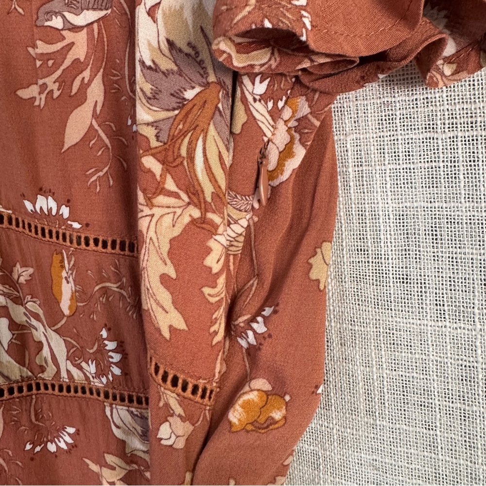 SPELL Rosa Garden Party Floral Bird Print Short Sleeve Midi Dress Camel Size L - Picture 8 of 11